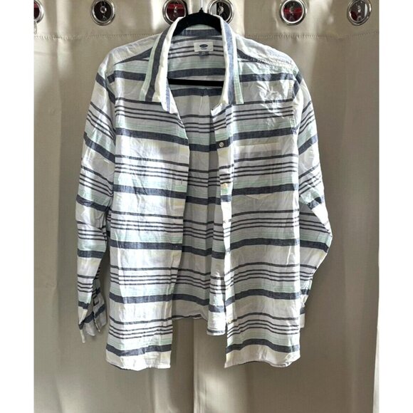 Old Navy Women Top Plus Size XXL Blue Stripe Linen Blend Button Up Coastal 16635 - Picture 1 of 9